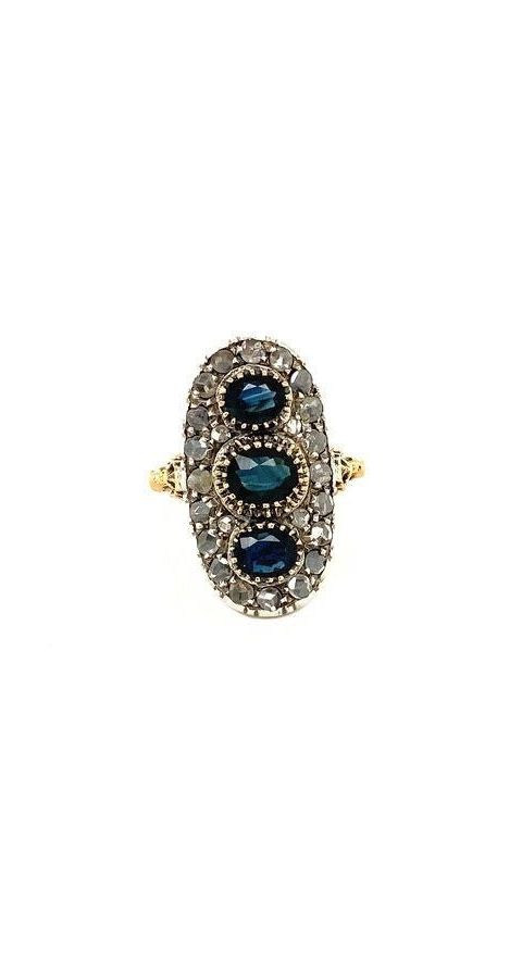 Vintage 18K Gold Princess Ring with Sapphire and Rose Cut Diamond